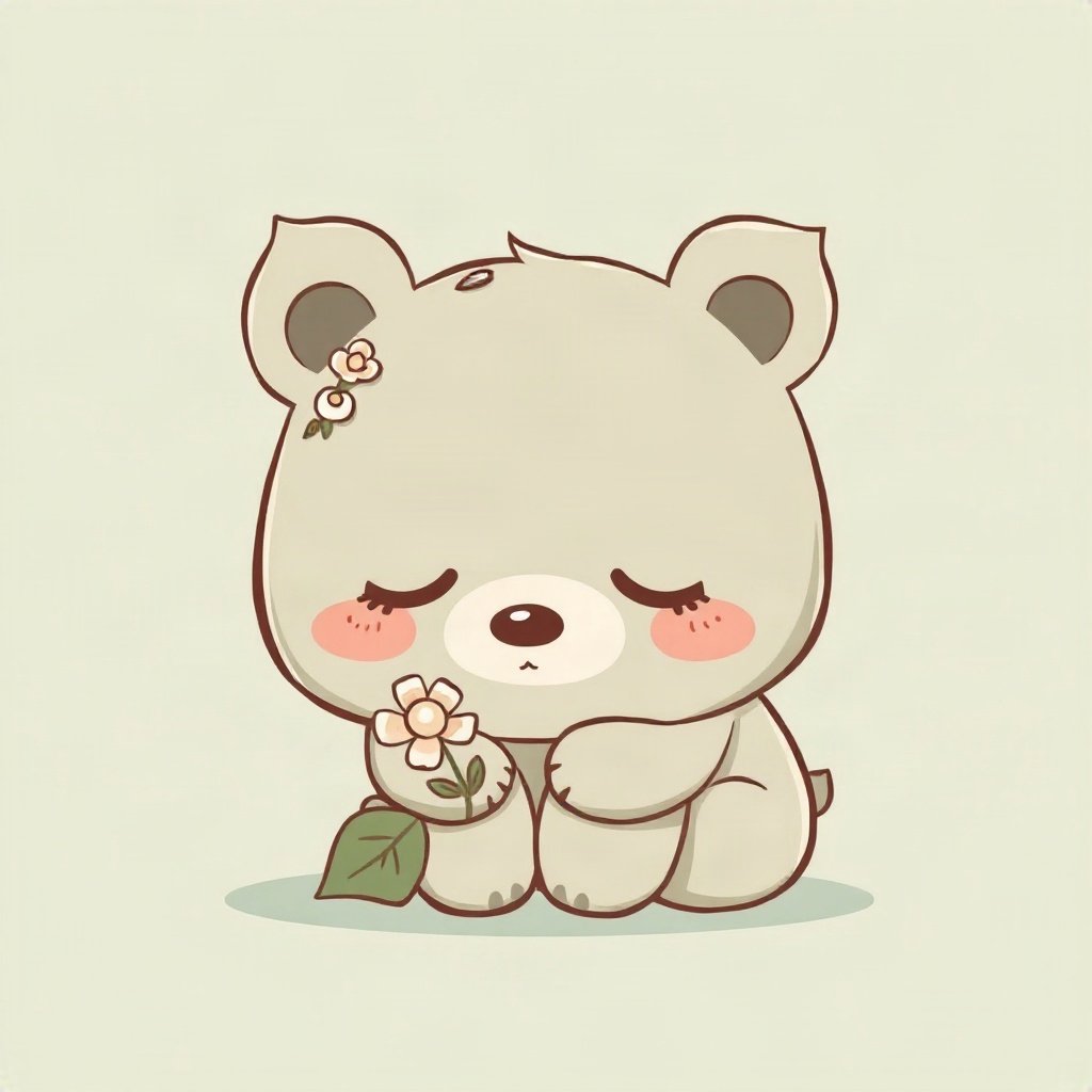 cutecore pfp — sleepy bear cub, sage green pastel palette, tiny flower accessory