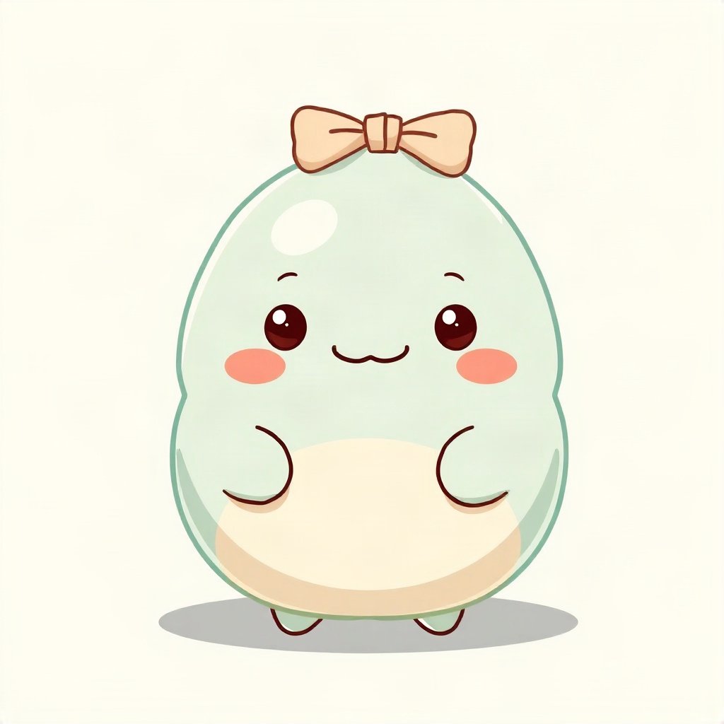 cutecore pfp — smiling dumpling creature, mint and cream palette, tiny bow on head