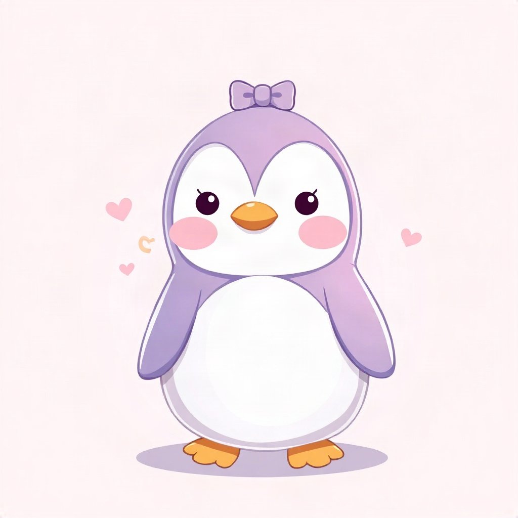 cutecore pfp — round penguin, lavender blush palette, tiny bow on head