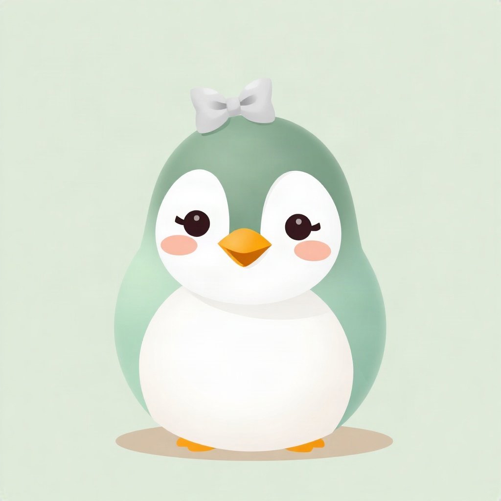 cutecore pfp — round penguin, sage green pastel palette, tiny bow on head