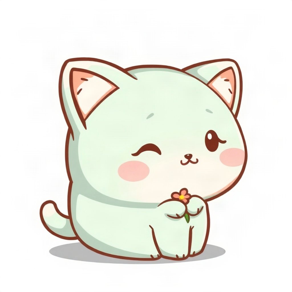 cutecore pfp — mochi-shaped kitten, mint and cream palette, tiny flower accessory
