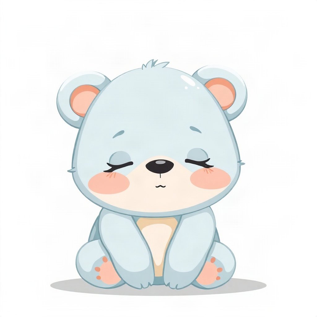 cutecore pfp — sleepy bear cub, soft sky blue palette, rosy blush cheeks