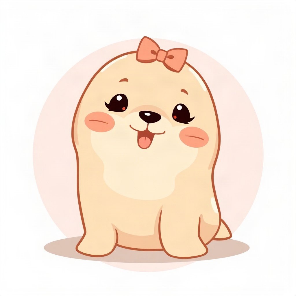 cutecore pfp — happy seal pup, peach and cream palette, tiny bow on head