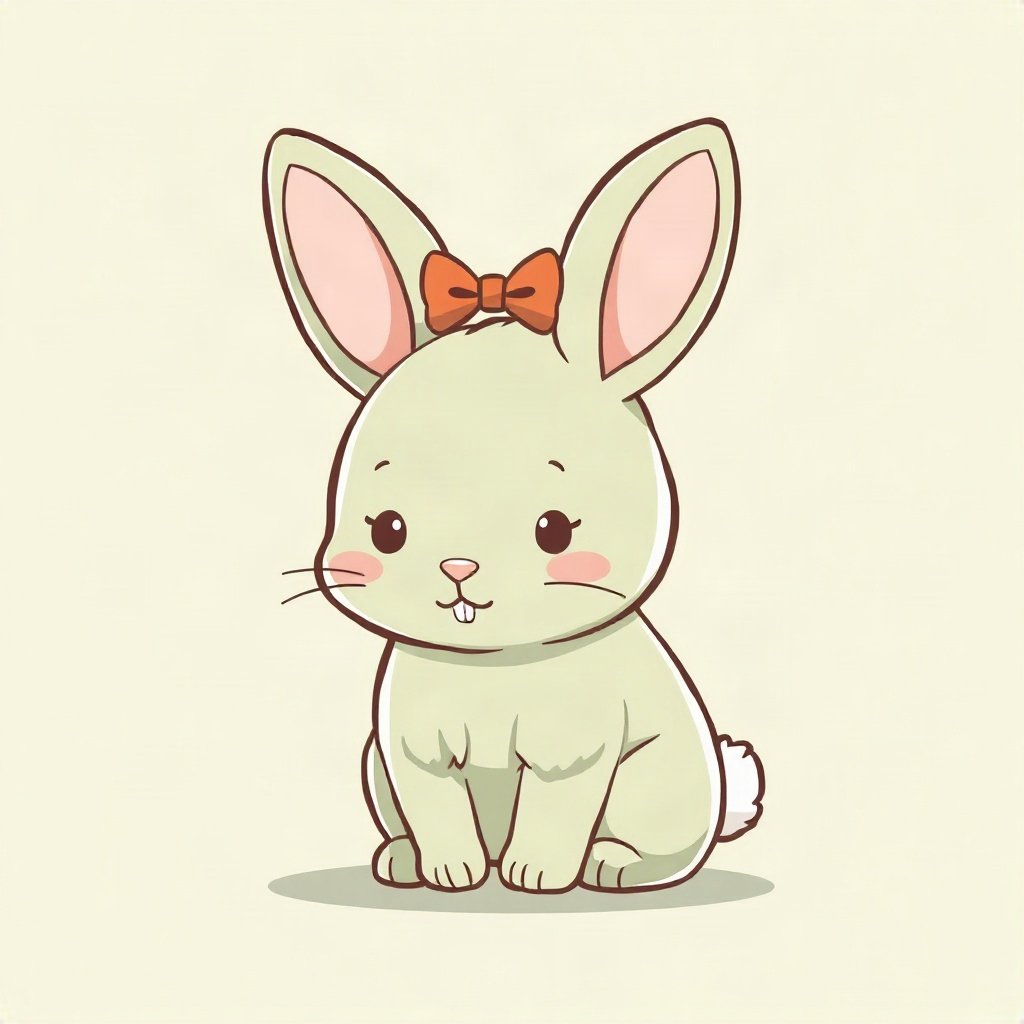 cutecore pfp — chubby bunny with floppy ears, sage green pastel palette, tiny bow on head