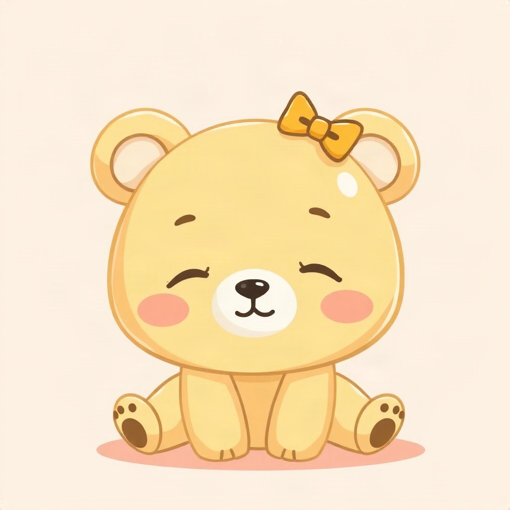 cutecore pfp — sleepy bear cub, butter yellow palette, tiny bow on head