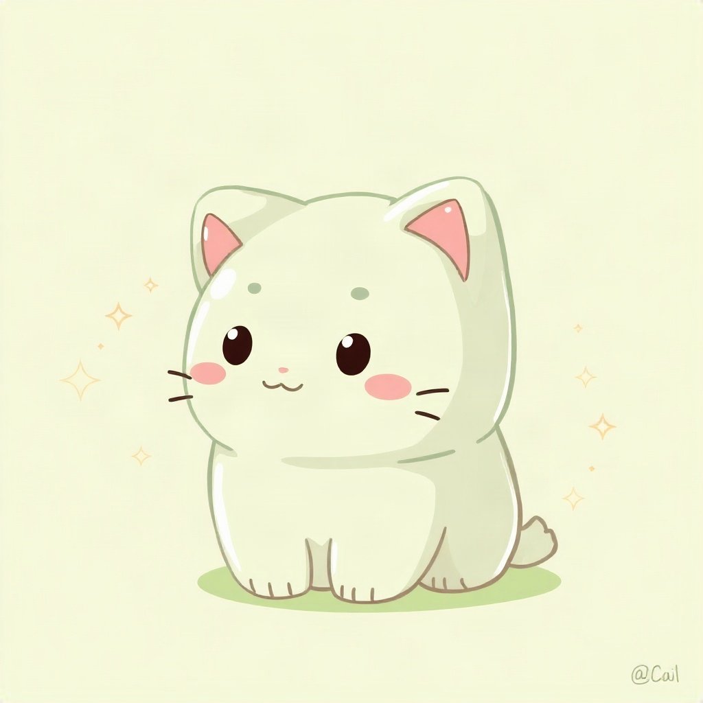 cutecore pfp — mochi-shaped kitten, sage green pastel palette, small sparkles around