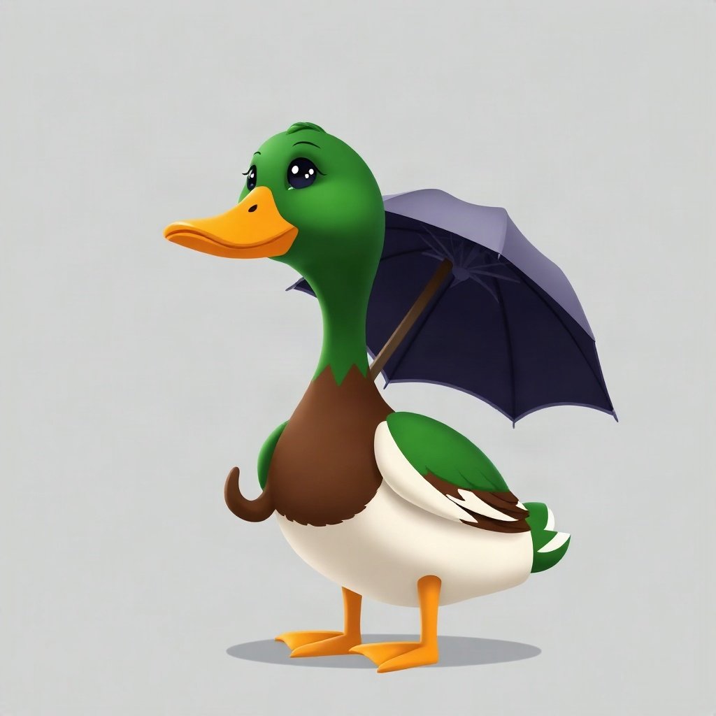 duck pfp — mallard with glossy green head, claymation look, with a little umbrella