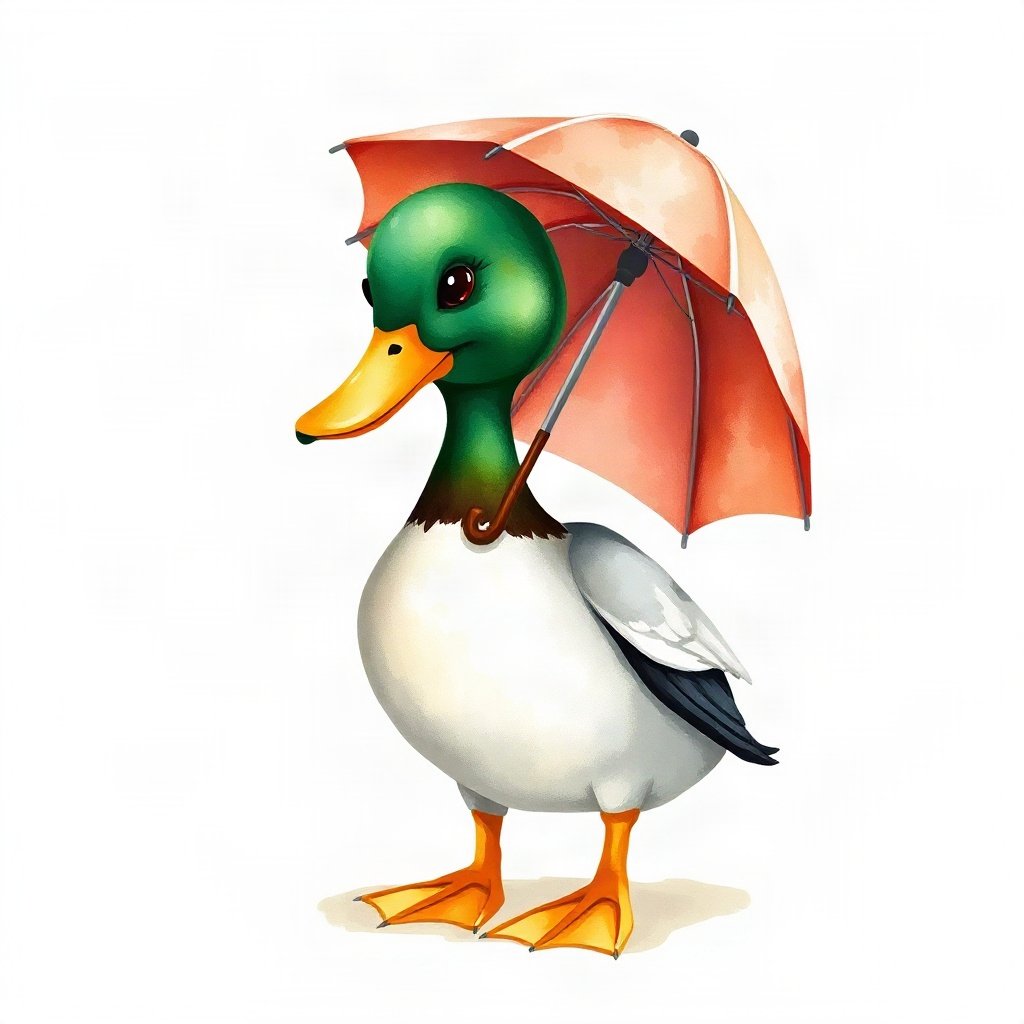 duck pfp — mallard with glossy green head, watercolor style, with a little umbrella