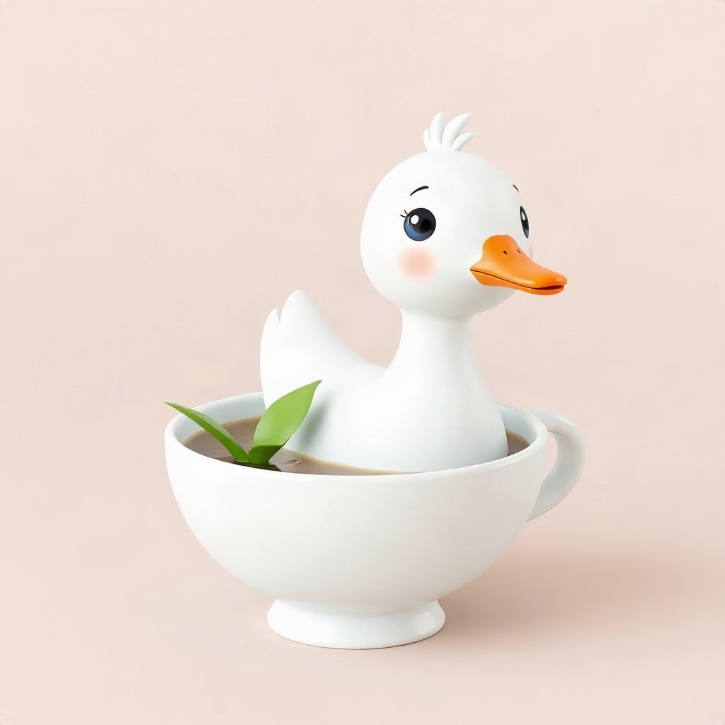 duck pfp — white duck with orange beak, soft 3d render, in a teacup pond
