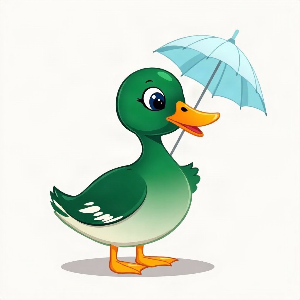 duck pfp — mallard with glossy green head, flat cartoon style, with a little umbrella