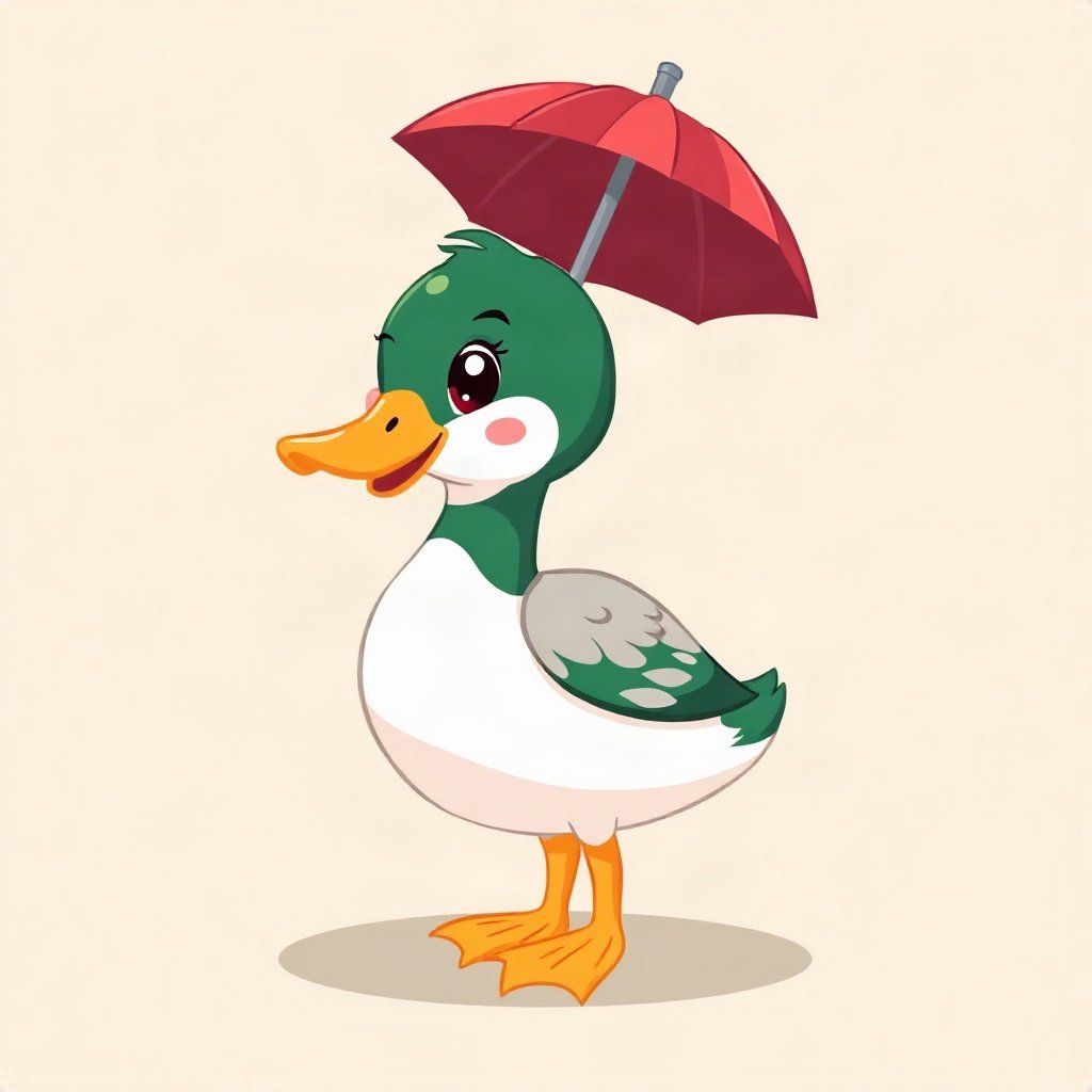 duck pfp — mallard with glossy green head, flat cartoon style, with a little umbrella