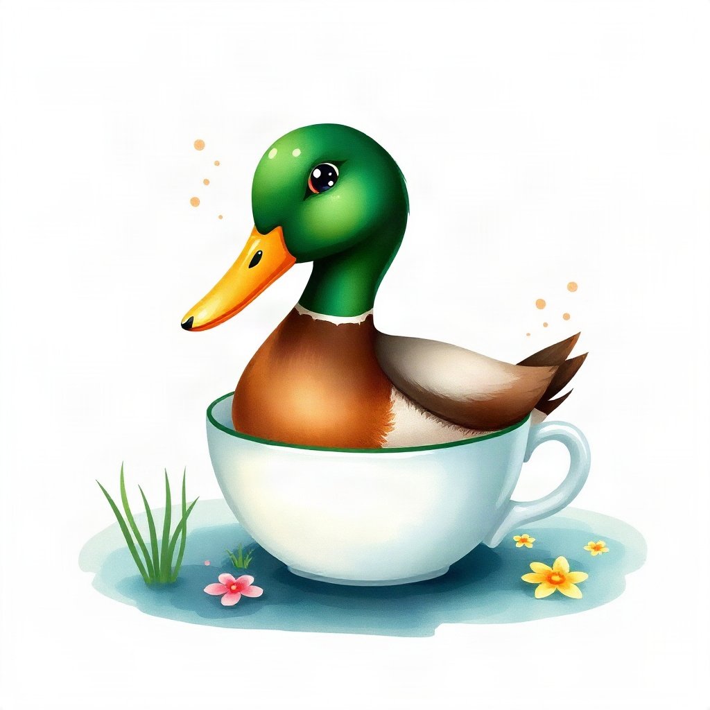 duck pfp — mallard with glossy green head, watercolor style, in a teacup pond