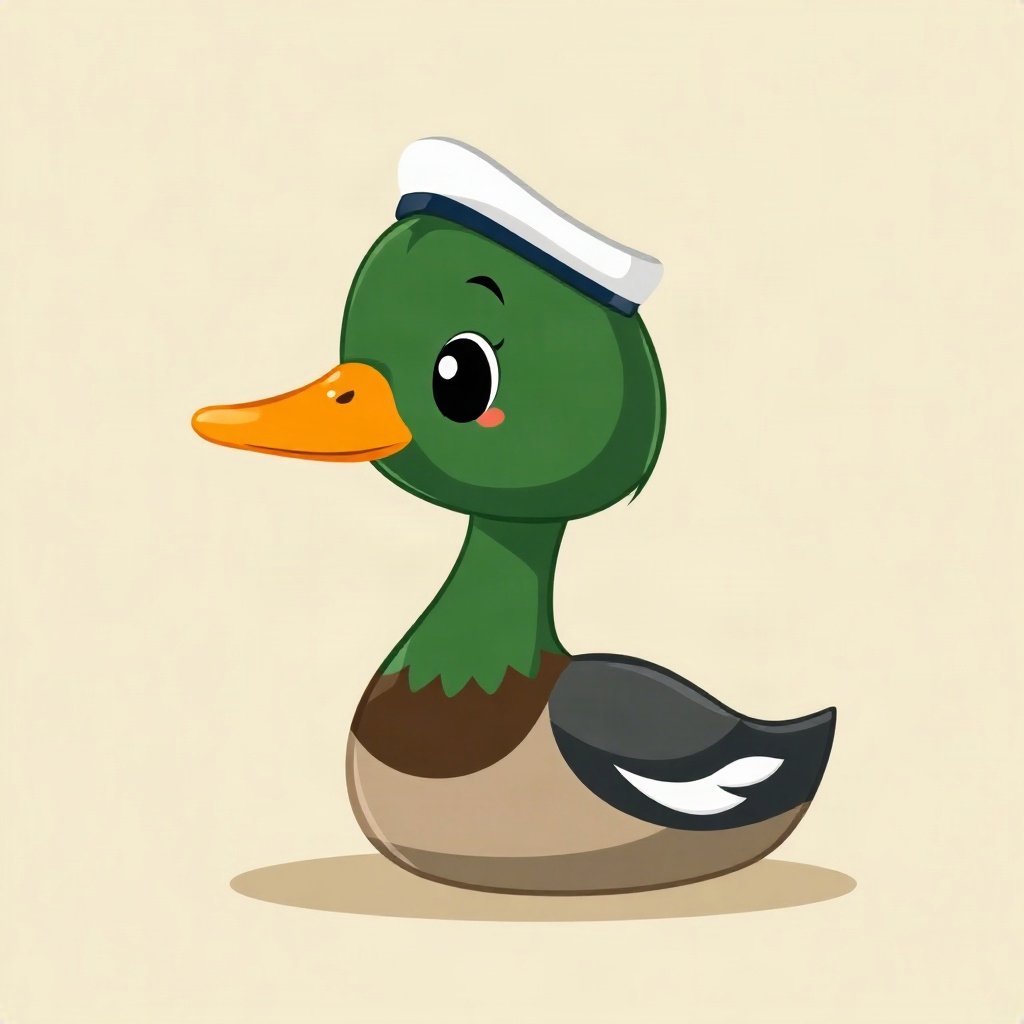 duck pfp — mallard with glossy green head, flat cartoon style, wearing a tiny sailor hat