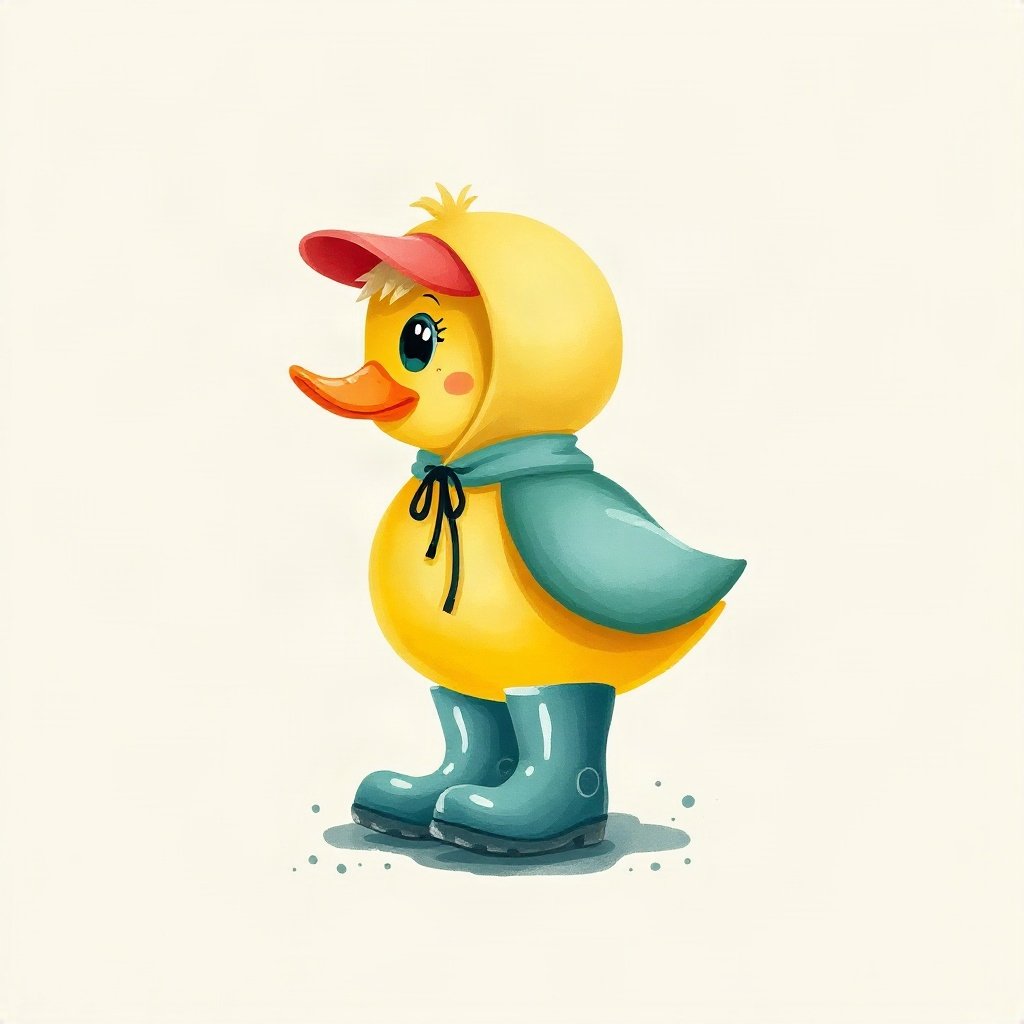 duck pfp — round rubber-duck style character, watercolor style, wearing rain boots