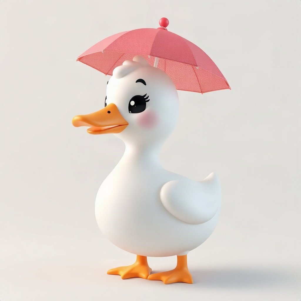 duck pfp — white duck with orange beak, soft 3d render, with a little umbrella