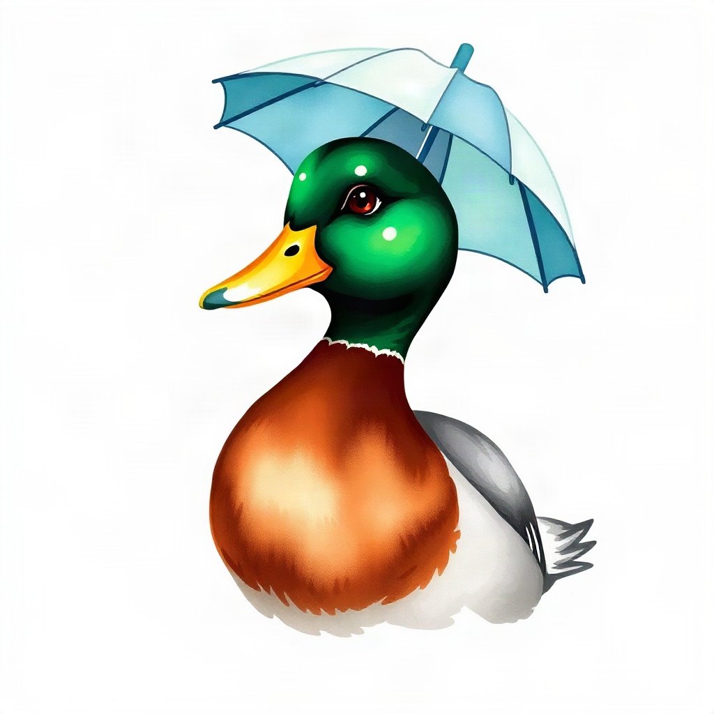 duck pfp — mallard with glossy green head, watercolor style, with a little umbrella