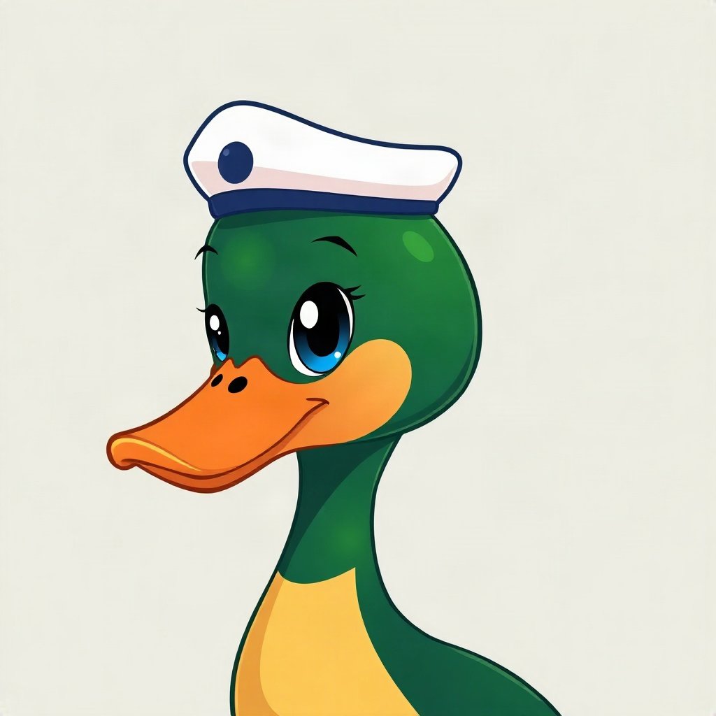 duck pfp — mallard with glossy green head, flat cartoon style, wearing a tiny sailor hat