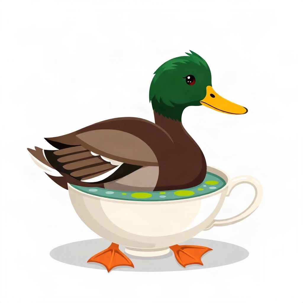 duck pfp — mallard with glossy green head, flat cartoon style, in a teacup pond