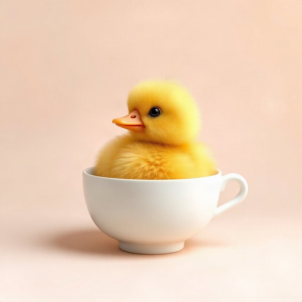 duck pfp — fluffy yellow duckling, claymation look, in a teacup pond
