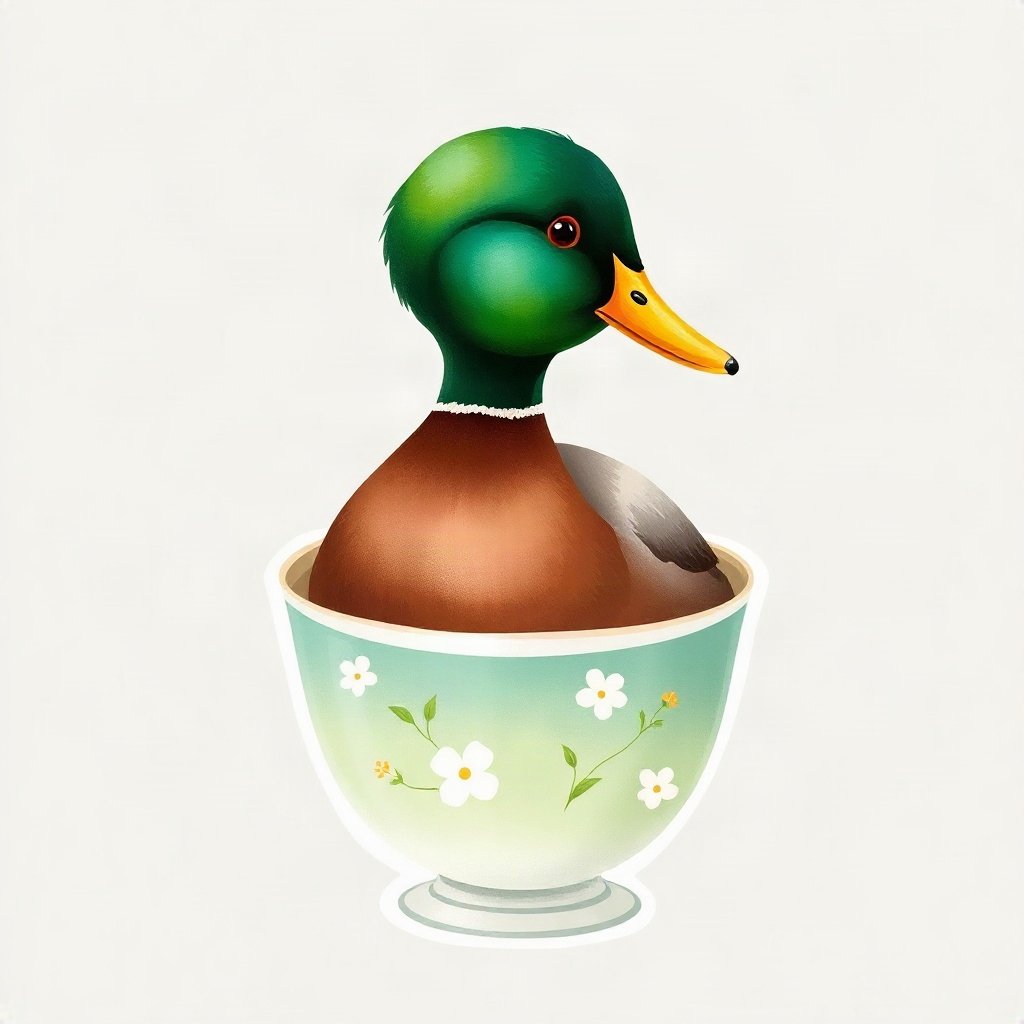 duck pfp — mallard with glossy green head, watercolor style, in a teacup pond