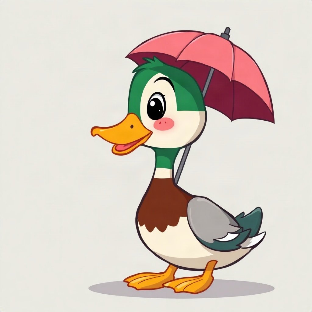 duck pfp — mallard with glossy green head, flat cartoon style, with a little umbrella