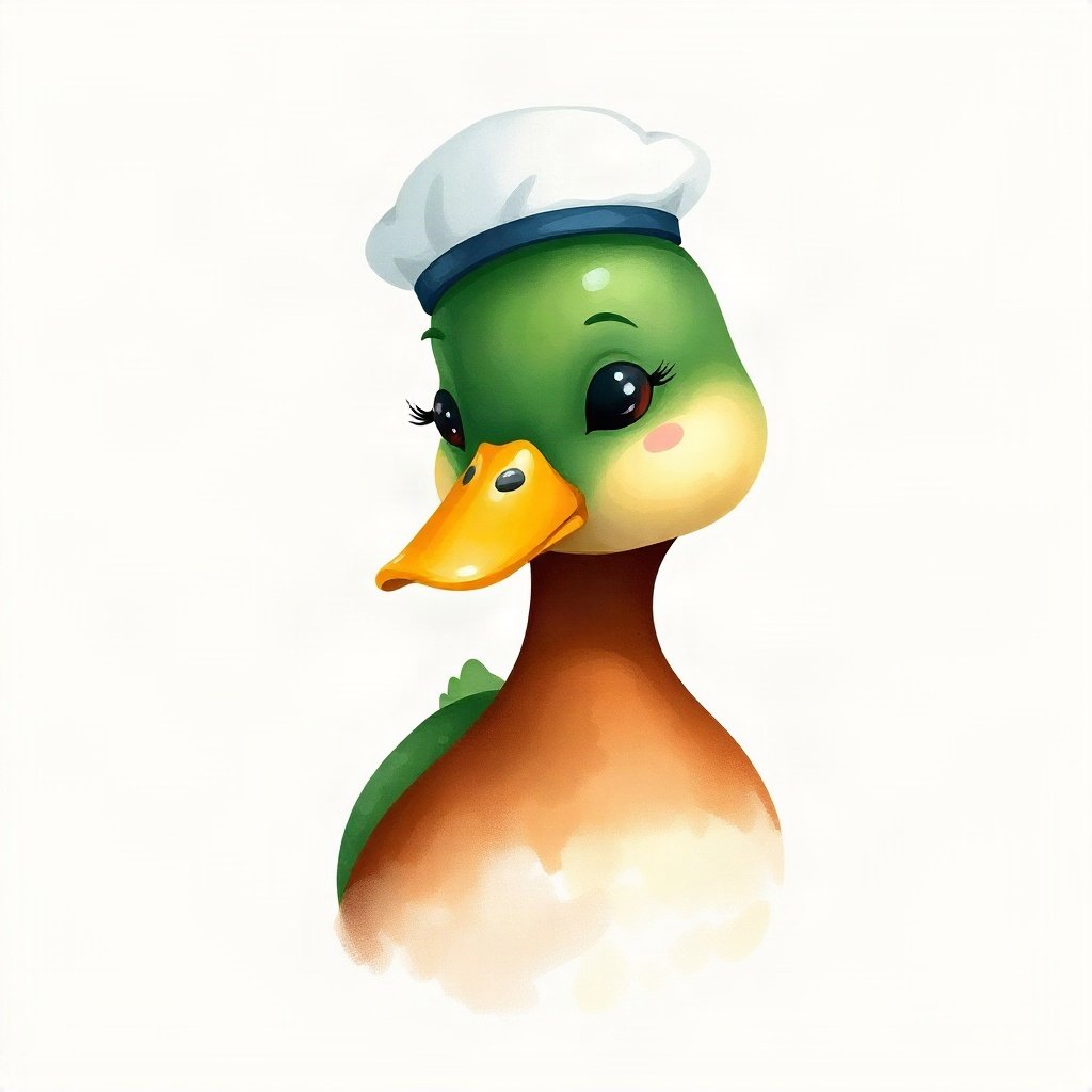 duck pfp — mallard with glossy green head, watercolor style, wearing a tiny sailor hat