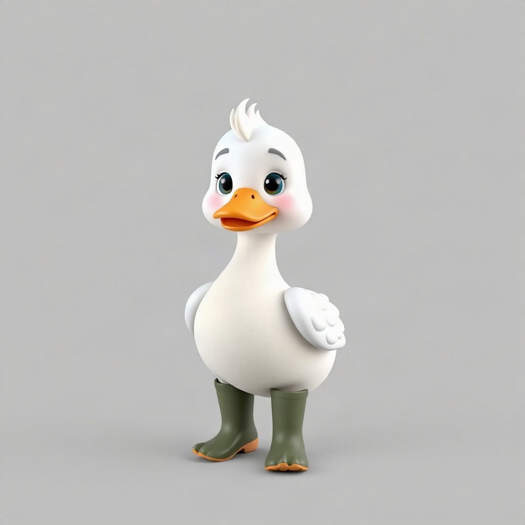 duck pfp — white duck with orange beak, soft 3d render, wearing rain boots