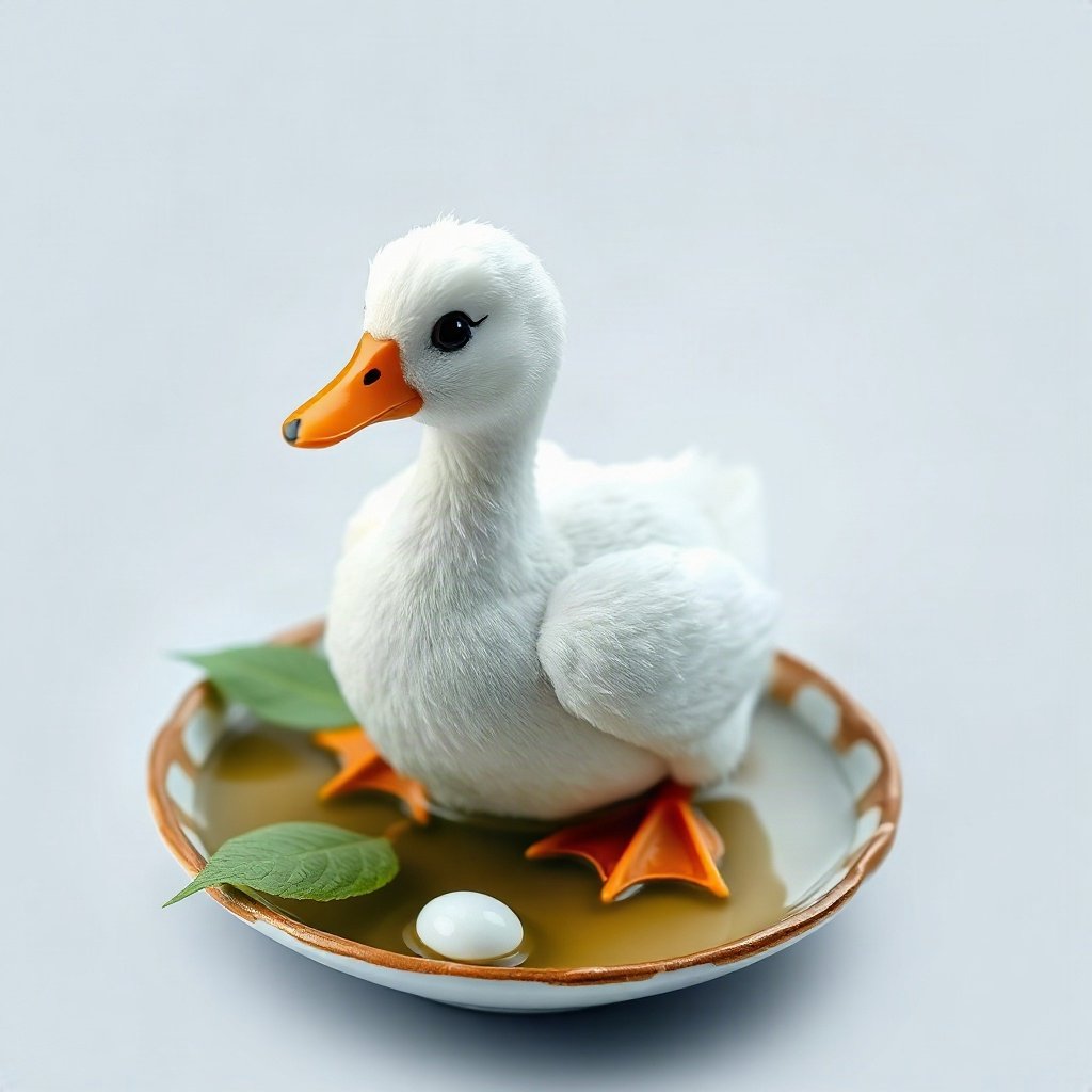 duck pfp — white duck with orange beak, claymation look, in a teacup pond
