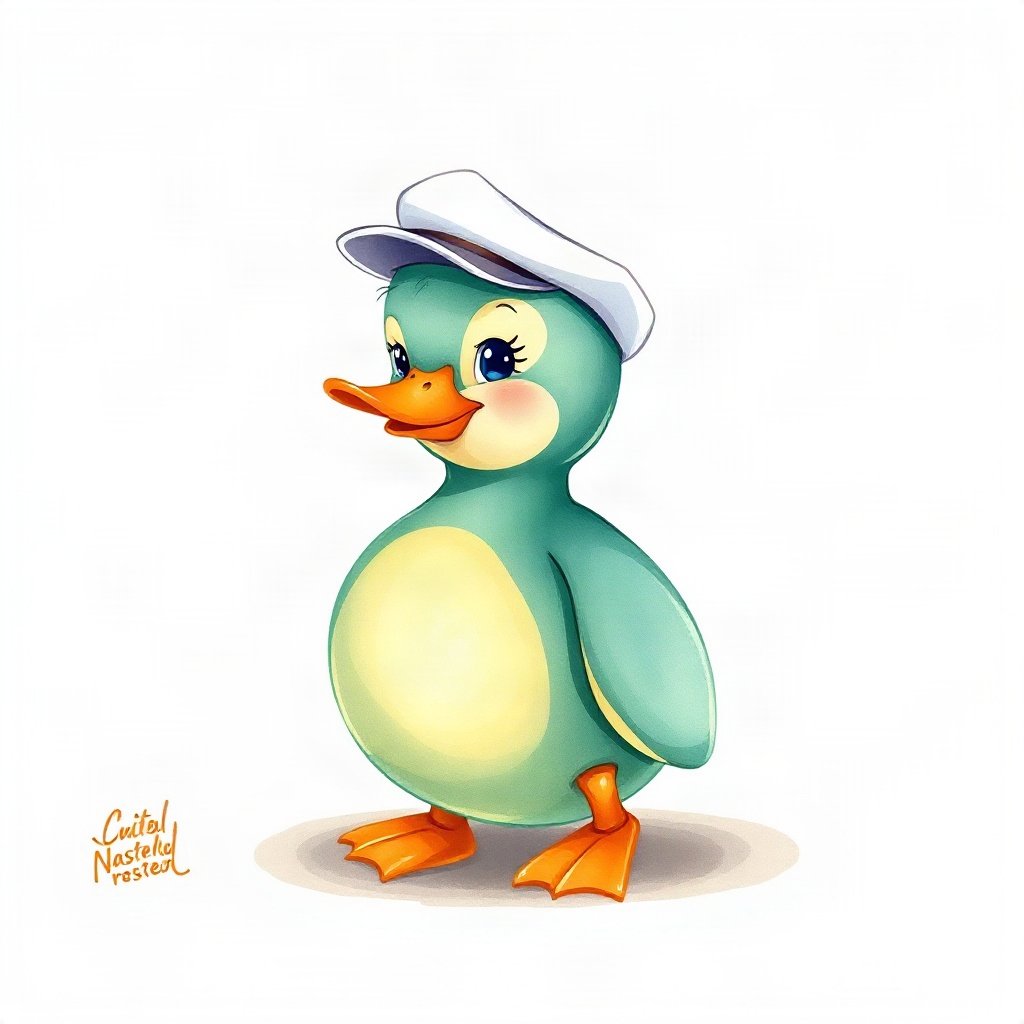 duck pfp — round rubber-duck style character, watercolor style, wearing a tiny sailor hat