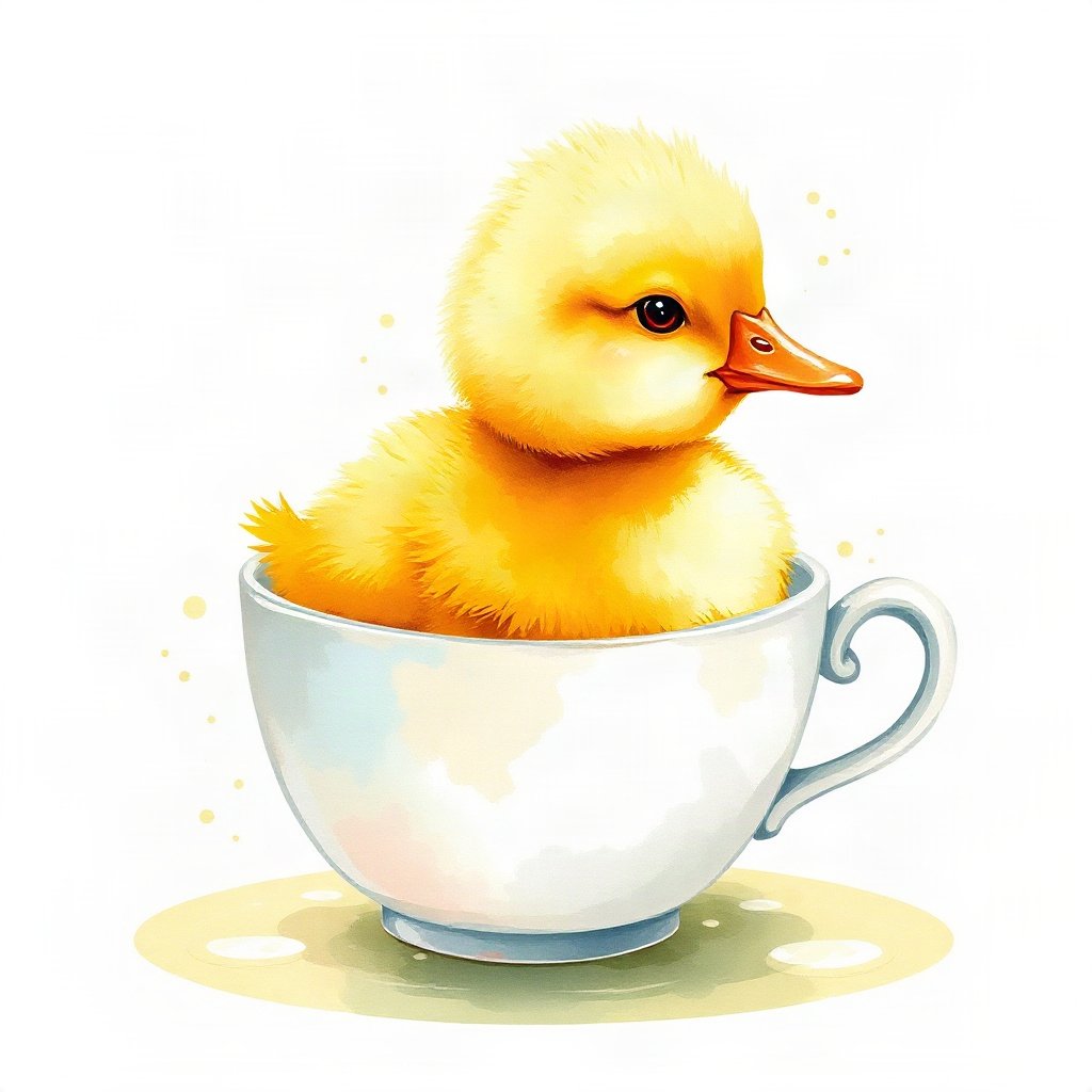 duck pfp — fluffy yellow duckling, watercolor style, in a teacup pond