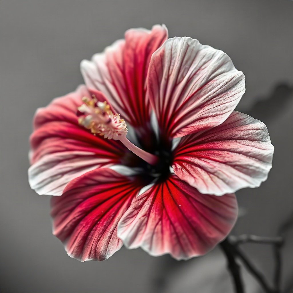 flower pfp — hibiscus bloom, soft macro photography style, monochrome with one color accent