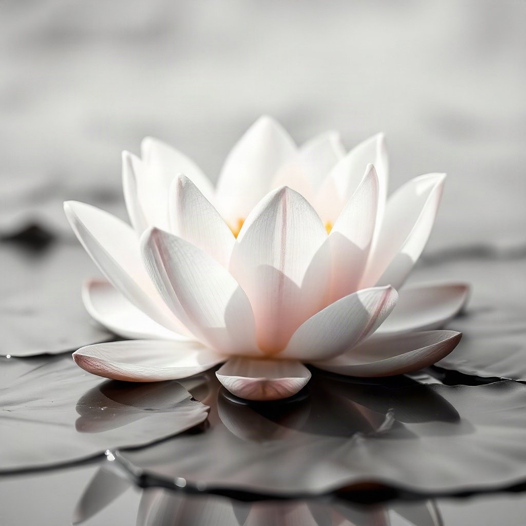 flower pfp — lotus on still water, soft macro photography style, monochrome with one color accent