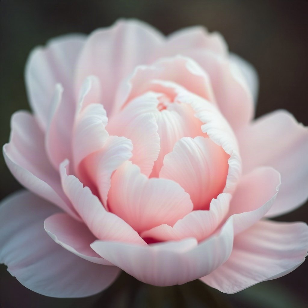 flower pfp — peony unfolding, soft macro photography style, cool dawn tones