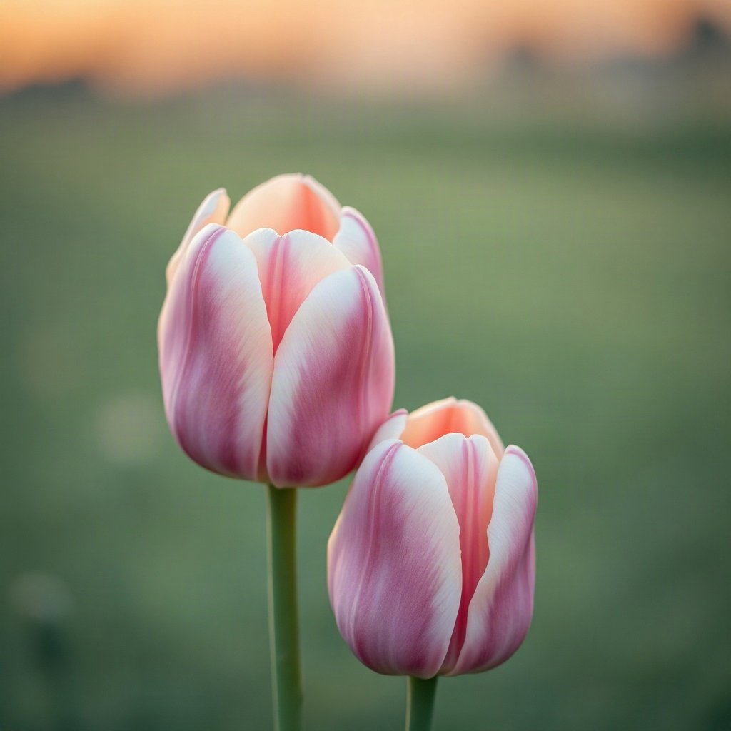 flower pfp — tulip pair, soft macro photography style, cool dawn tones