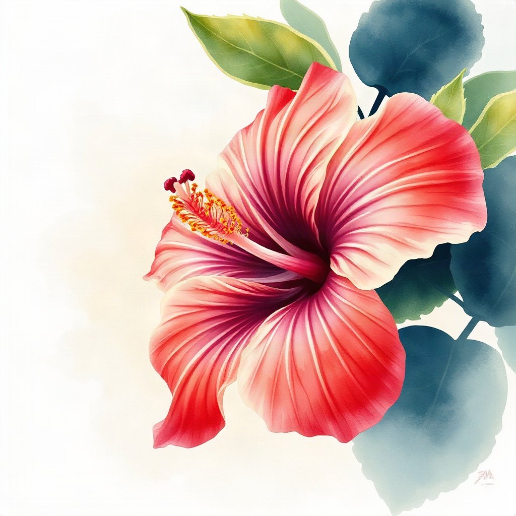 flower pfp — hibiscus bloom, watercolor wash, cool dawn tones