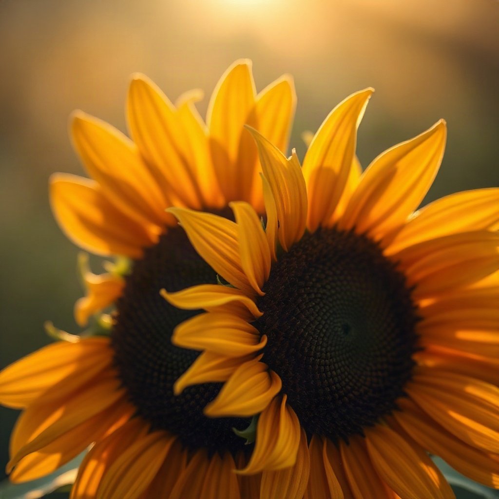 flower pfp — sunflower facing light, soft macro photography style, cool dawn tones