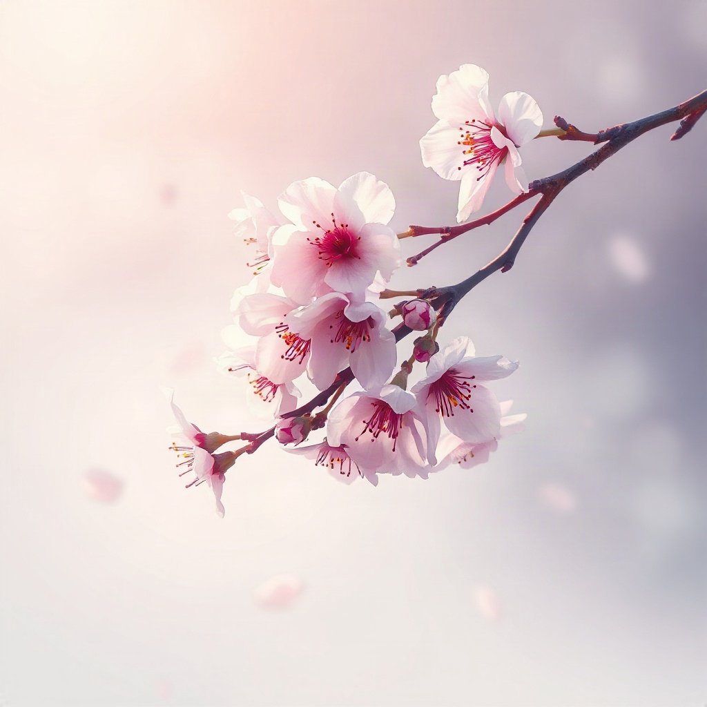 flower pfp — cherry blossom branch, dreamy digital painting, cool dawn tones