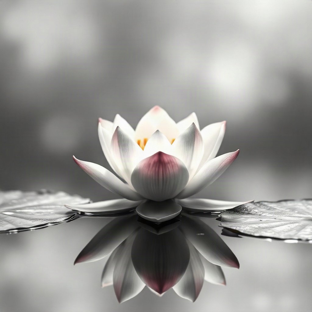 flower pfp — lotus on still water, dreamy digital painting, monochrome with one color accent