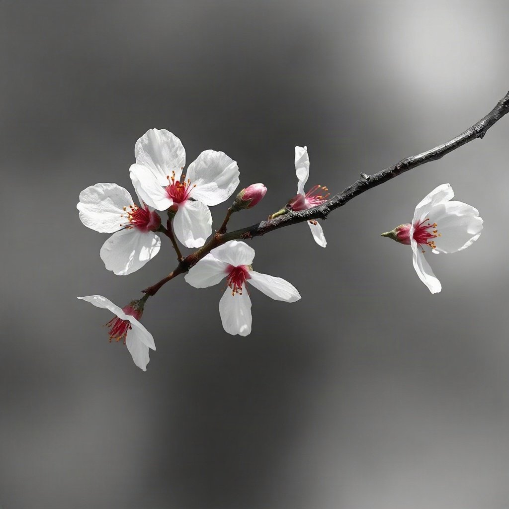 flower pfp — cherry blossom branch, dreamy digital painting, monochrome with one color accent