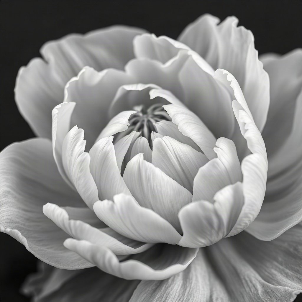flower pfp — peony unfolding, soft macro photography style, monochrome with one color accent
