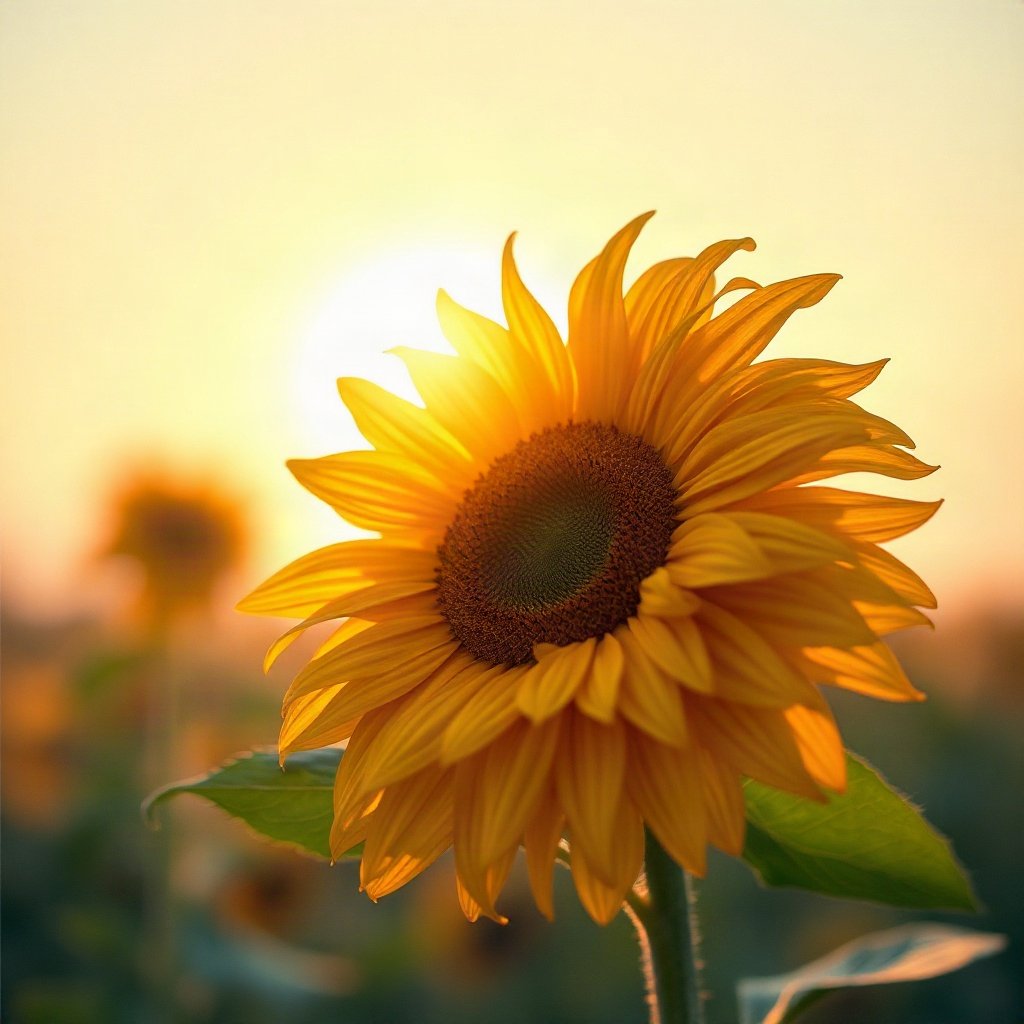 flower pfp — sunflower facing light, dreamy digital painting, cool dawn tones