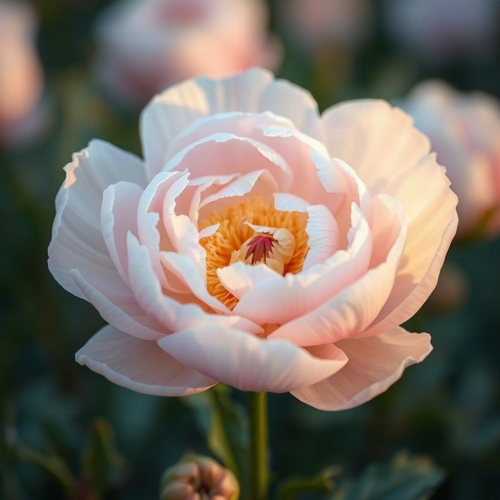flower pfp — peony unfolding, soft macro photography style, cool dawn tones