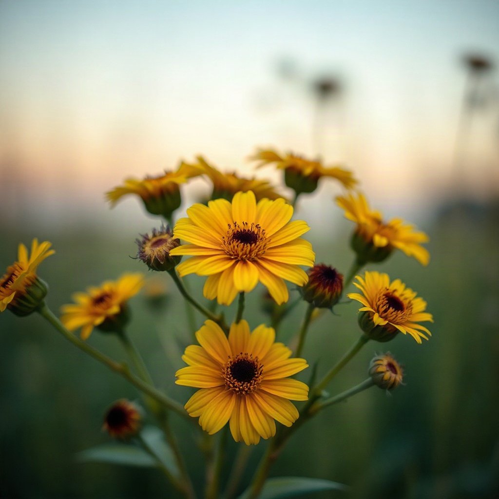 flower pfp — wildflower bunch, soft macro photography style, cool dawn tones