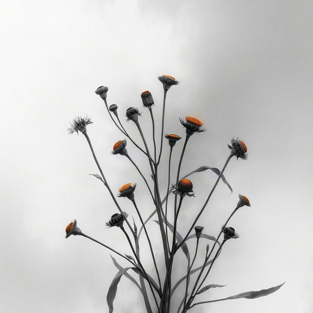 flower pfp — wildflower bunch, dreamy digital painting, monochrome with one color accent