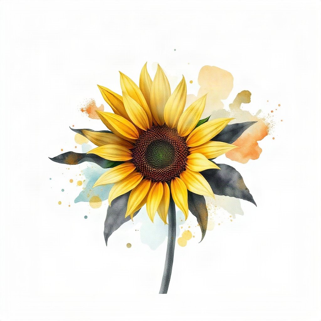 flower pfp — sunflower facing light, watercolor wash, monochrome with one color accent