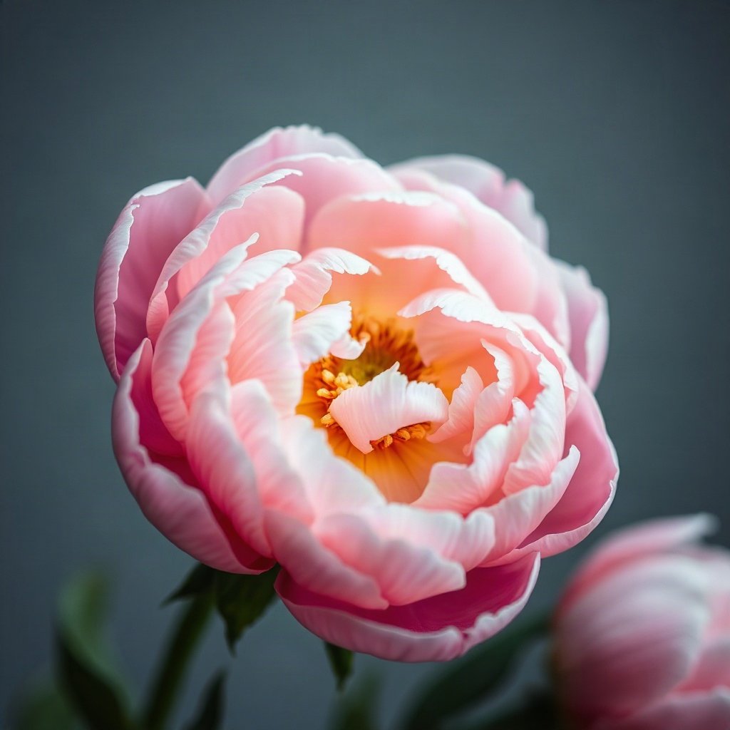 flower pfp — peony unfolding, soft macro photography style, cool dawn tones