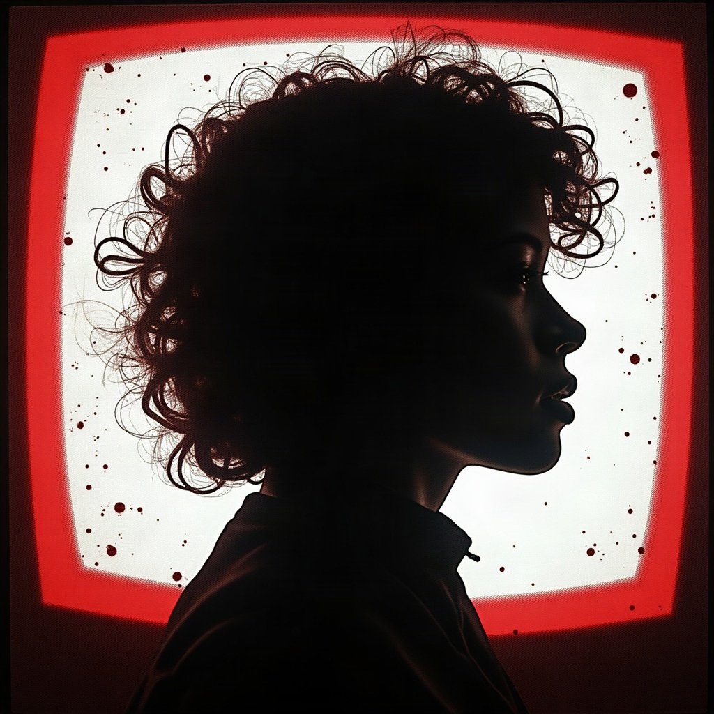 grunge pfp — static tv noise portrait silhouette, black white and red, scratched film texture