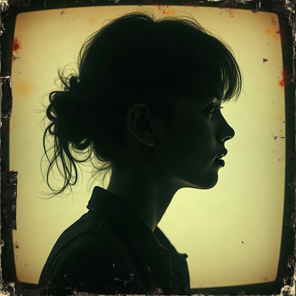 grunge pfp — static tv noise portrait silhouette, dark olive and rust, tape marks and creases