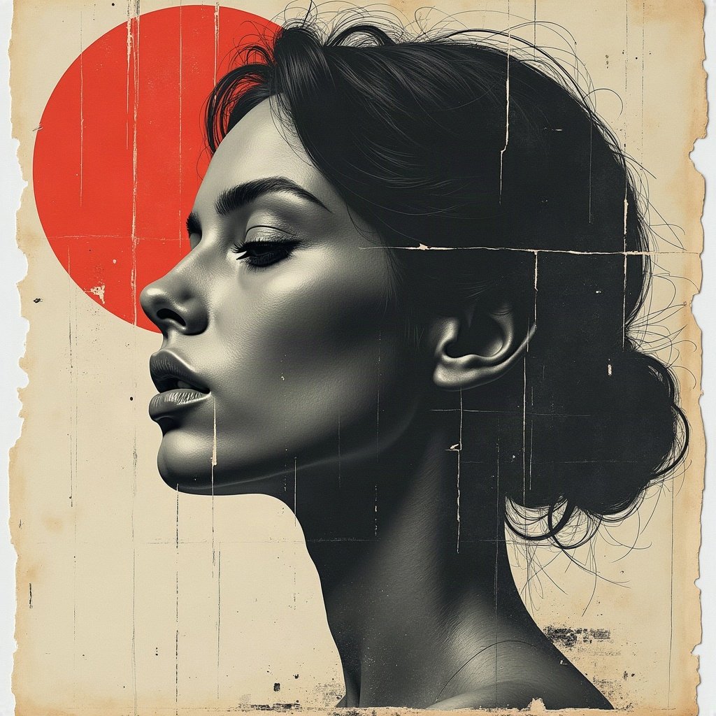 grunge pfp — torn poster collage abstract, charcoal and faded newsprint, tape marks and creases