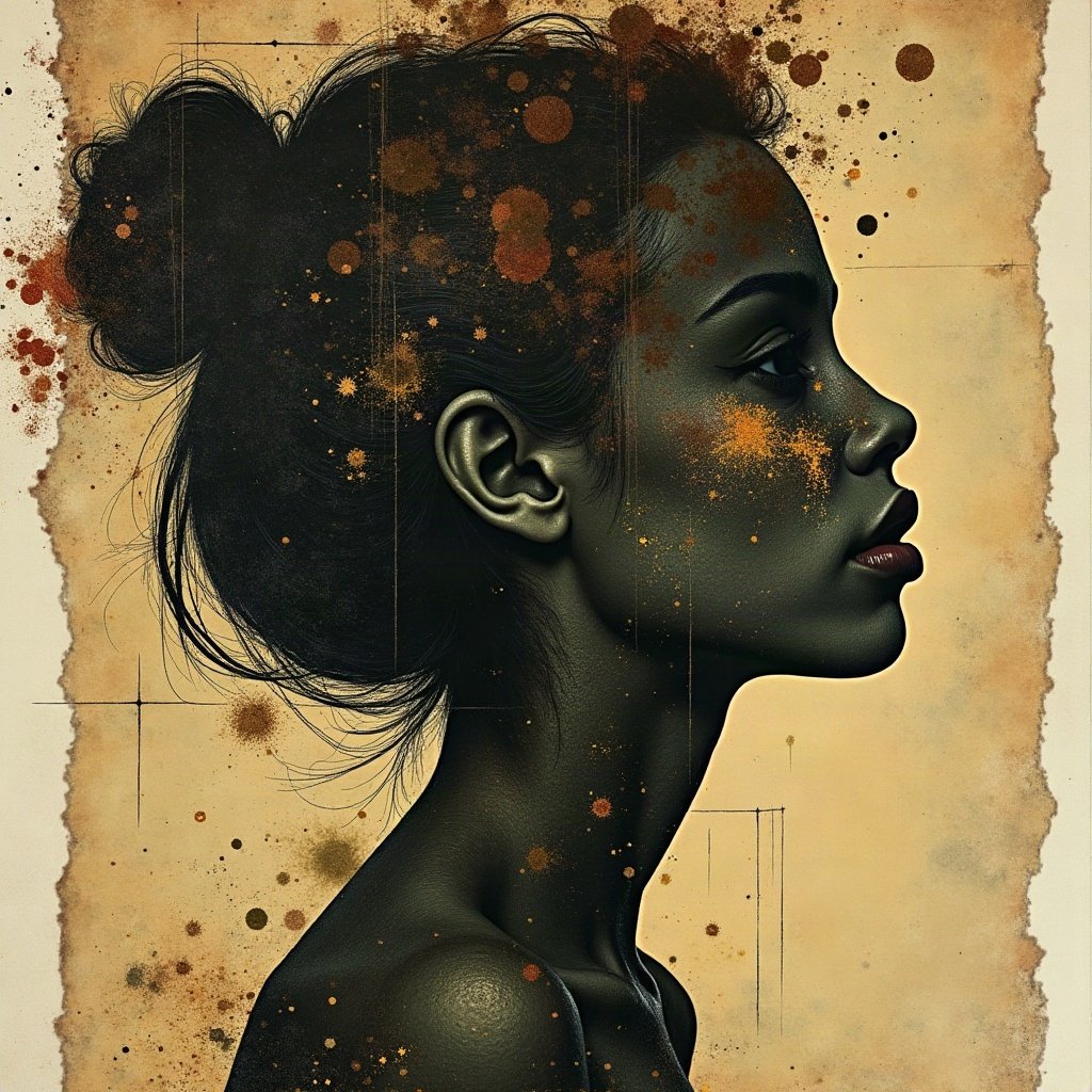 grunge pfp — torn poster collage abstract, dark olive and rust, scratched film texture